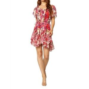 MISA Los Angeles Kasey Mini Dress Coming-Up Roses Floral Chiffon Tie-Back NWT Lg